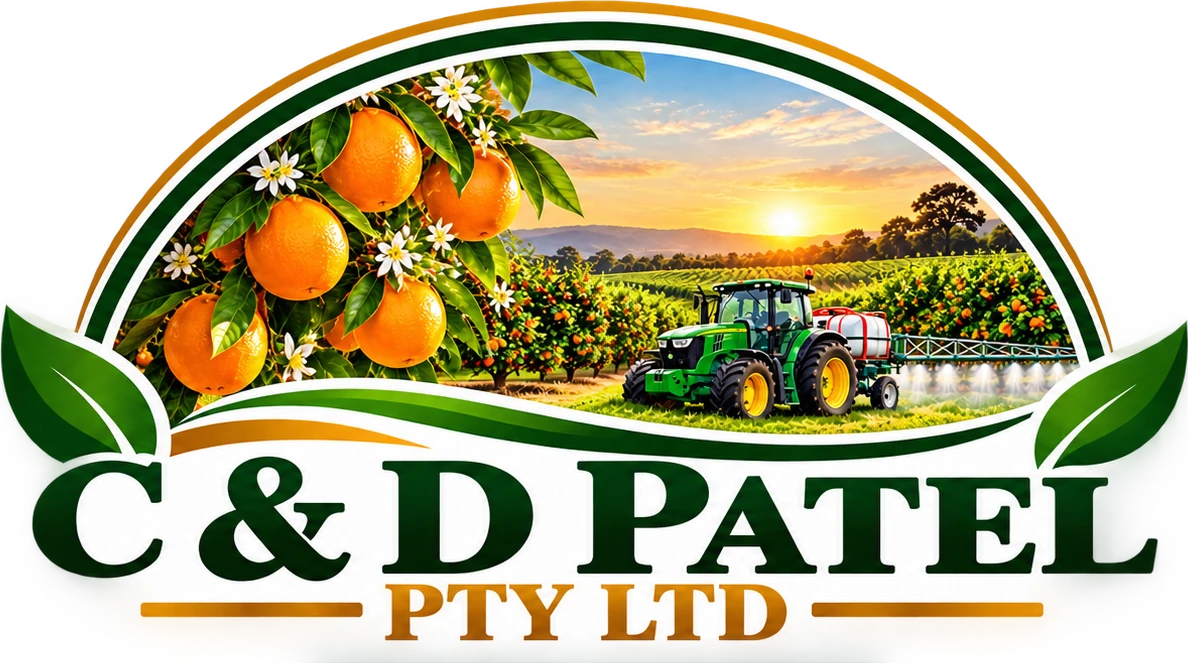 C&D Patel Pty Ltd logo with oranges, an orchard and a tractor
