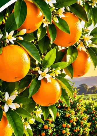 Ripe oranges hanging among green leaves and white orange blossom